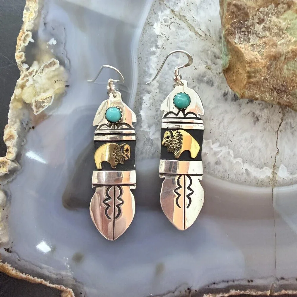 Tommy & Rosita Singer Sterling Silver & GF Bison w/Turquoise Dot Dangle Earrings